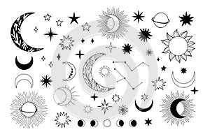 Modern hand drawn vector illustration of planet, star, sun, comet. Universe line drawings. Solar system and Cosmos. Trendy space