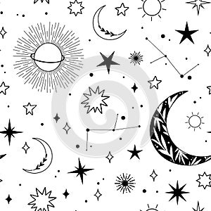 Modern hand drawn vector seamless pattern of planet, star, sun, comet. Universe line drawings. Solar system and Cosmos background