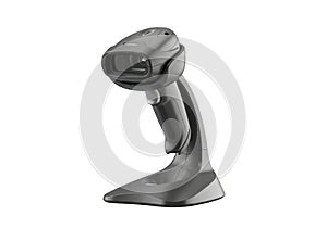 Modern handheld barcode scanner on elegant charging stand for retail