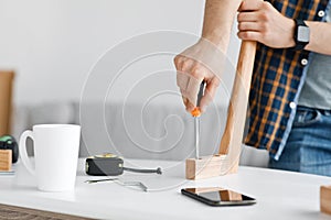 Modern handyman, workplace for carpenter and popular blog, online instruction