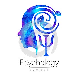 Modern head Logo sign of Psychology. Profile Human. Green Leaves. Letter Psi . Symbol in . Design concept. Brand company