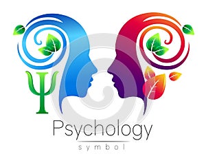 Modern head Logo sign of Psychology. Profile Human. Green Leaves. Letter Psi . Symbol in vector. Design concept. Brand