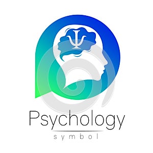 Modern head Sign of Psychology. Human in a circle. Creative style. Icon in vector. Design Brand company. Blue green