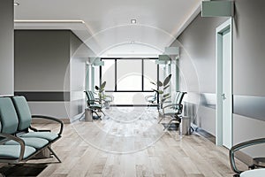 Modern healthcare corridor featuring geometric designs and soft chairs for patient comfort and style. 3D Render