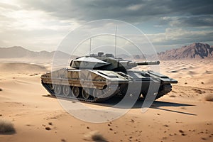 Modern heavy military tank rolling across a desert landscape. Generative AI