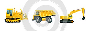 Modern heavy mining equipment - excavator, tractor, dump truck. Industrial vehicles, machines, coal mining and professional