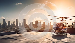 A modern helicopter hovers mid air over the bright cityscape generated by AI