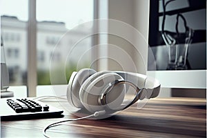 Modern hi end headphones on table