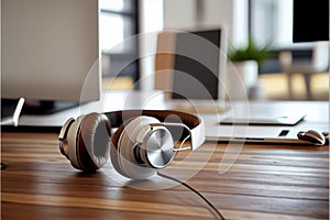 Modern hi end headphones on table