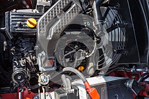 Modern hi-tech engine or motor of industrial loader or combine vehicle, top view