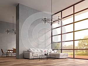 Modern high ceiling loft living and dining room 3d render