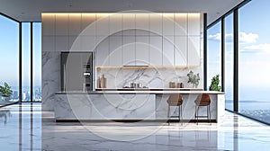 Modern, high-end kitchen with city views