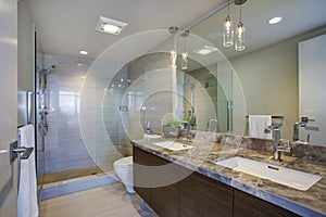 Modern high-rise master bathroom with dual vanity cabinet photo