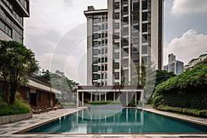modern high-rise with swimming pool and sun deck, surrounded by greenery