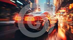 a modern high speed car rushes down the street of a night city, engulfed in flames or plasma, street lights, road, blurred