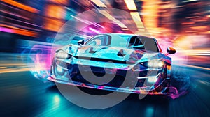 a modern high speed car rushes down the street of a night city, engulfed in flames or plasma, street lights, road, blurred