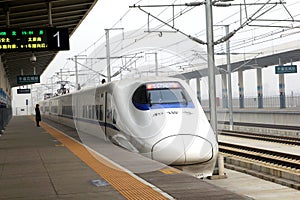 Modern magnetic levitation high-speed rail (HSR) bullet train at the railway station of Pingyao, Xian, China