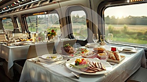 a modern high-speed rail train table adorned with a tablecloth, featuring tantalizing Western cuisine such as steak and