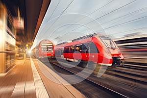 Modern high speed red passenger trains at sunset. Railway station