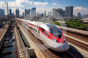 Modern high-speed train on the background of modern skyscrapers, The high-speed train in Bangkok, Thailand, AI Generated