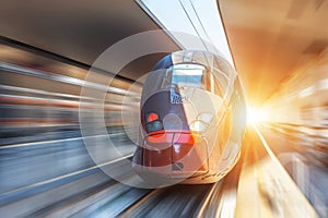 Modern high speed train on a clear day with motion blur at the city station