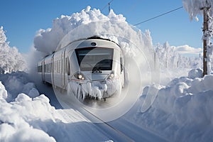 A modern high-speed train, an electric train, makes its way through snowdrifts.