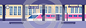 Modern high speed train on empty railway station. Railway passenger public transport, vector illustration.