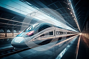 Modern high speed train in futuristic train station