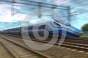 Modern high speed train in motion on railroad track.