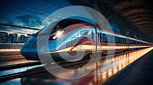 Modern high speed train in motion on railway station in the evening. Train on railroad track with motion blur effect