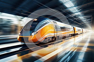 Modern high-speed train moves in the tunnel. Blur effect from a fast moving train. Selective focus. High-speed rail transport