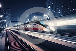 Modern high speed train at night. Fast train in city with motion blur effect. Generative AI