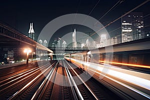 Modern high speed train at night. Fast train in city with motion blur effect, Public transport. Railway transportation