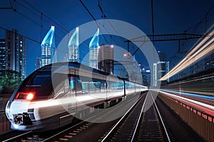 Modern high speed train at night. Fast train in city with motion blur effect, Public transport. Railway transportation