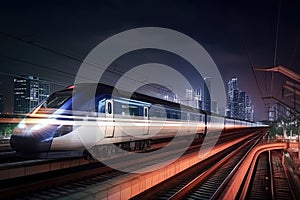 Modern high speed train at night. Fast train in city with motion blur effect, Public transport. Railway transportation