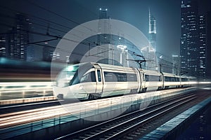 Modern high speed train at night. Fast train in city with motion blur effect, Public transport. Railway transportation