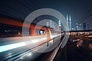 Modern high speed train at night. Fast train in city with motion blur effect, Public transport. Railway transportation