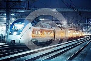 Modern high speed train at night. Fast train in city with motion blur effect, Public transport. Railway transportation