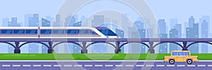 Modern high speed train on railway bridge. Railway passenger public transport, vector illustration.