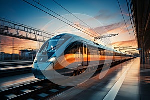 Modern high-speed train with streamlined design at busy railway station platform outdoor