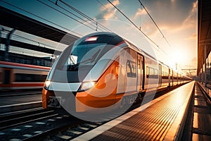 Modern high-speed train with streamlined design at busy railway station platform outdoor