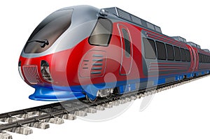 Modern high speed train on the tracks. 3D rendering