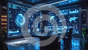 Futuristic Command Center with Digital Displays and Data Analysis