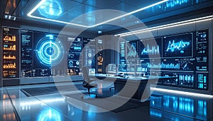 Futuristic Command Center with Digital Displays and Monitors