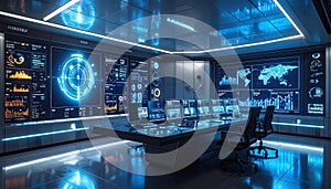 Futuristic Command Center with Digital Displays and Monitors