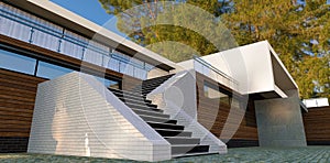 Modern high-tech country house. Sun glare. White brick and facade board. Walk down the stairs to the pool. 3d render.
