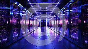 A modern high-tech data center with several rows of working servers in one room. Big data. Generative AI