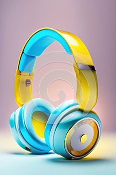 Modern high-tech headphones, perfect composition including yellow and blue colors, Ai-generated