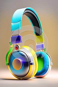 Modern high-tech headphones, perfect composition including yellow and blue colors, Ai-generated