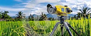 modern high tech lidar device is positioned in lush green rice field, capturing detailed landscape data photo